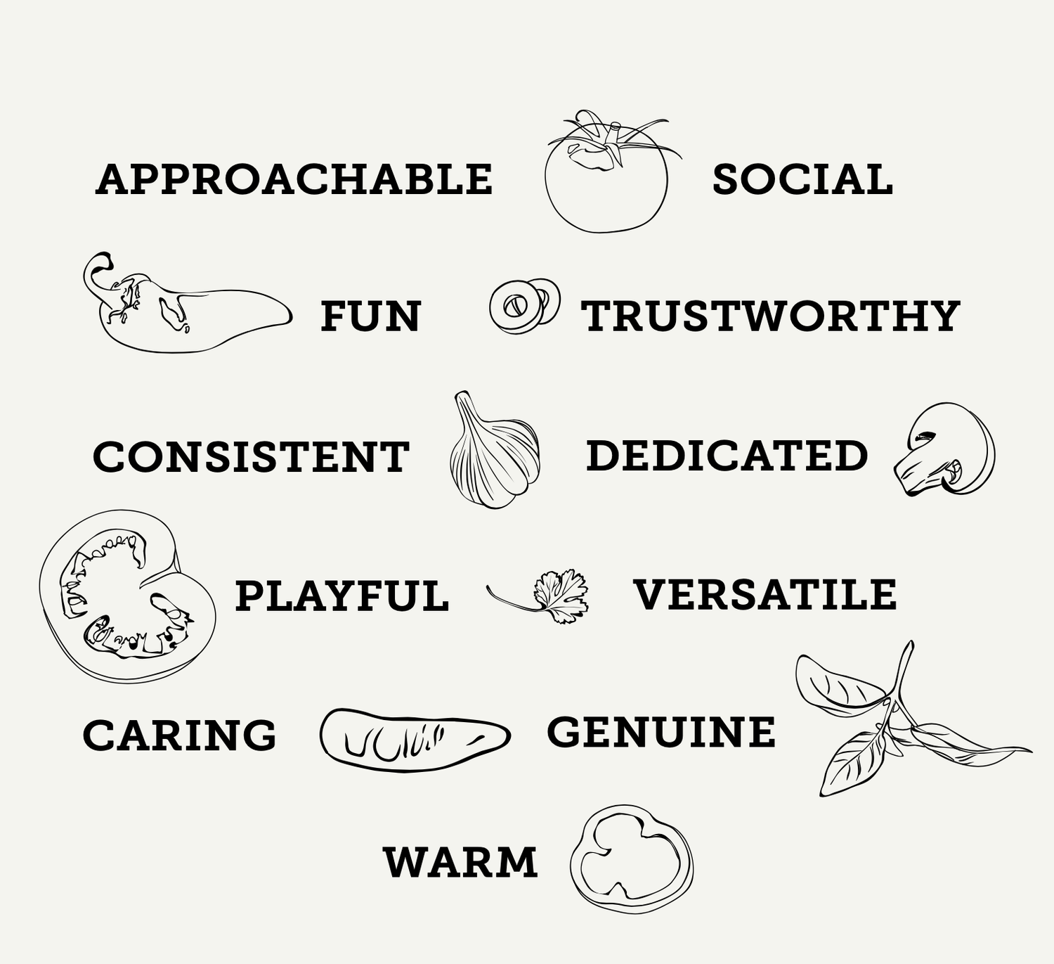 Words describing qualities such as approachable, social, fun, trustworthy, consistent, dedicated, playful, versatile, caring, genuine, warm, accompanied by line art illustrations of vegetables, a chili pepper, tomato, garlic, basil leaves, and a bell