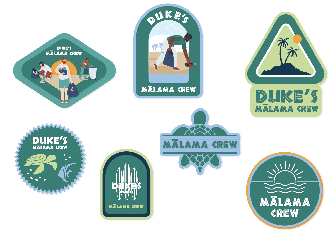 Collection of seven stickers for Duke's Malama Crew with various designs including people at the beach, a person cleaning, palm trees on an island, a turtle and fish, a surfer with a surfboard, a person swimming, and a sunset over the water.