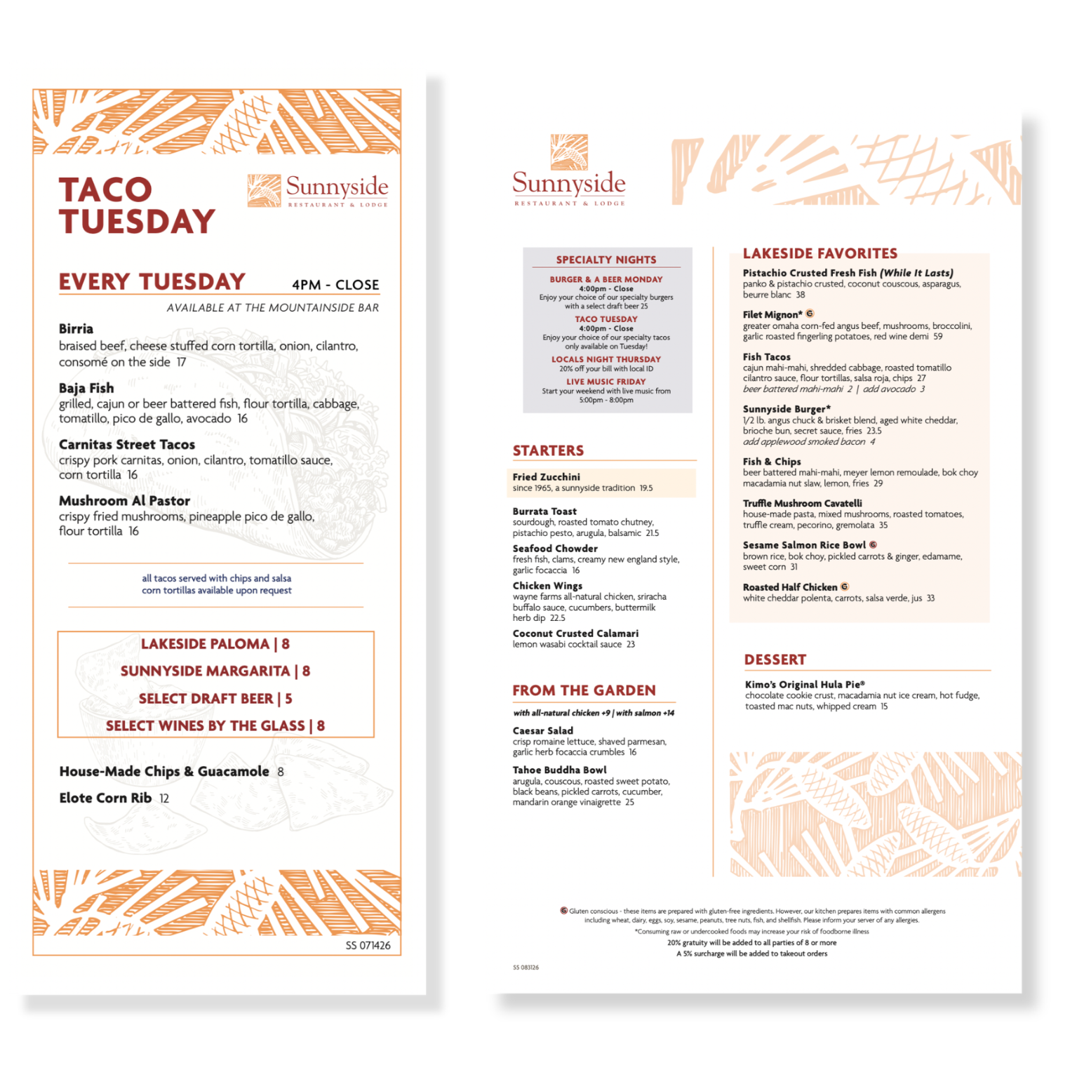 A restaurant menu from Sunnyside featuring Tacos Tuesday specials, various appetizers, salads, and entrees, with sections for specialty nights and desserts, decorated with orange and beige graphic patterns.