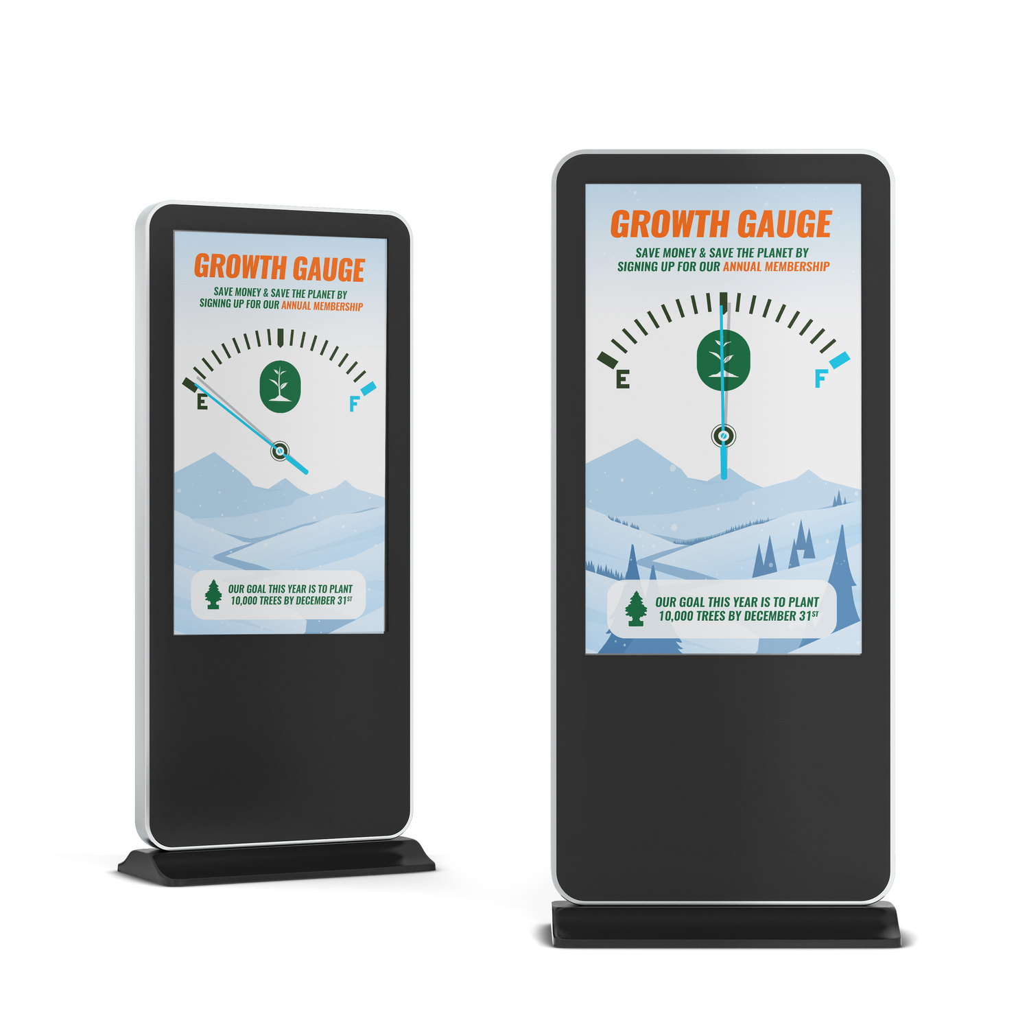 Two digital growth gauges with mountain and tree backgrounds, promoting planting 10,000 trees by December 31, and saving the planet.