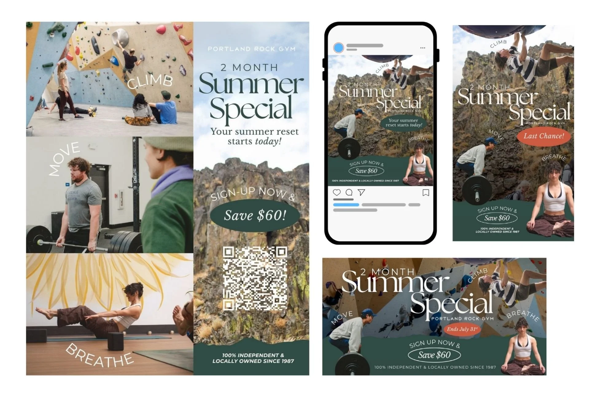 A collage of promotional images advertising a two-month summer special at Portland Rock Gym. The images include people climbing indoor rock walls, a woman practicing yoga, a person lifting weights, and outdoor scenes with rocky cliffs. Text overlays 