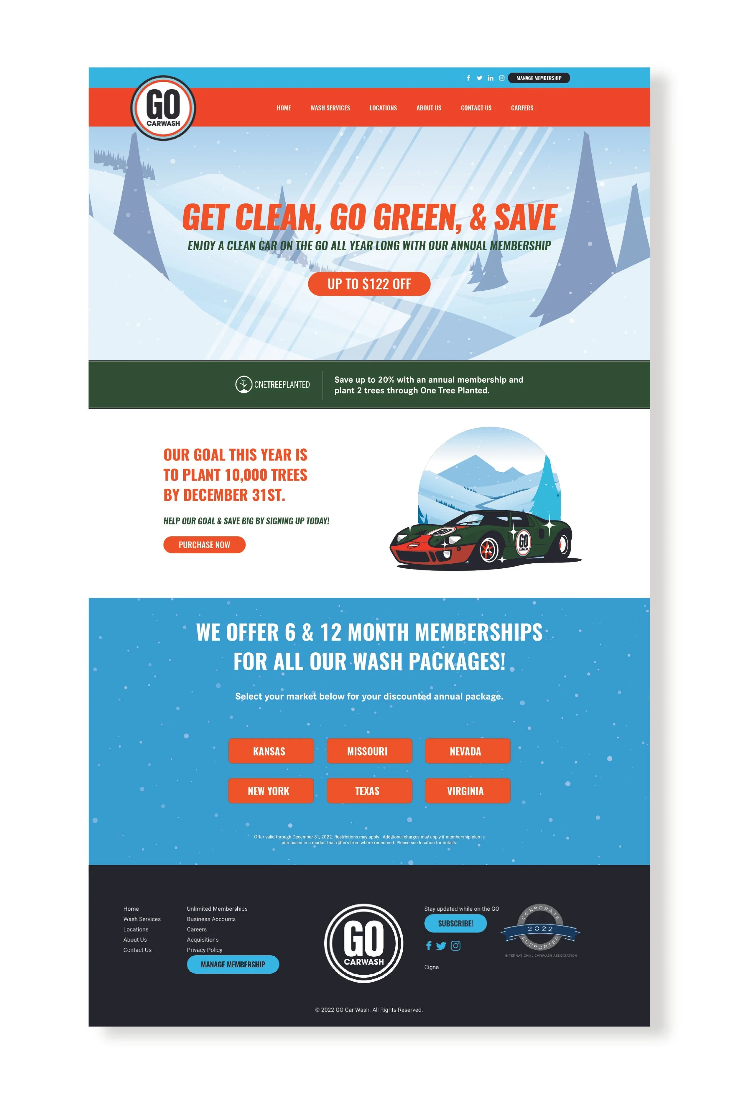 Screenshot of a car wash website promoting eco-friendly services and memberships, featuring snowy mountain background, a racing car, and various location options.
