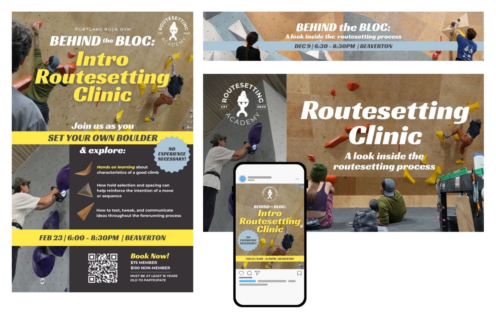 Poster advertising the Portland Rock Gym Routesetting Clinic, showing people climbing indoor boulder walls and a person setting holds, with details about the event date, time, location, and registration information.
