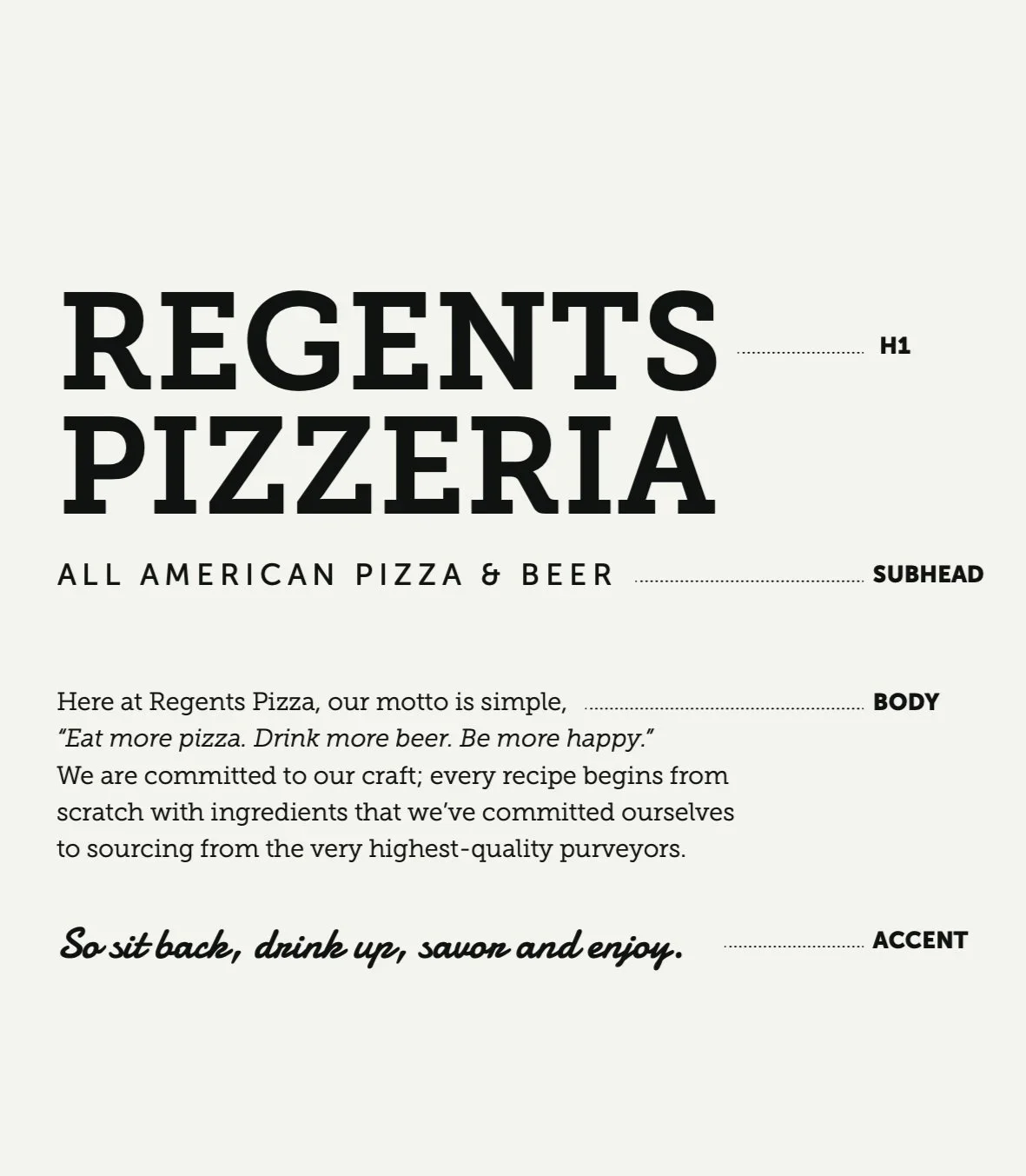 Menu for Regents Pizzeria with large bold text for the restaurant name, subheading about American pizza and beer, and sections describing the restaurant's motto, commitment to quality ingredients, and suggested slogan, all in black text on a white ba