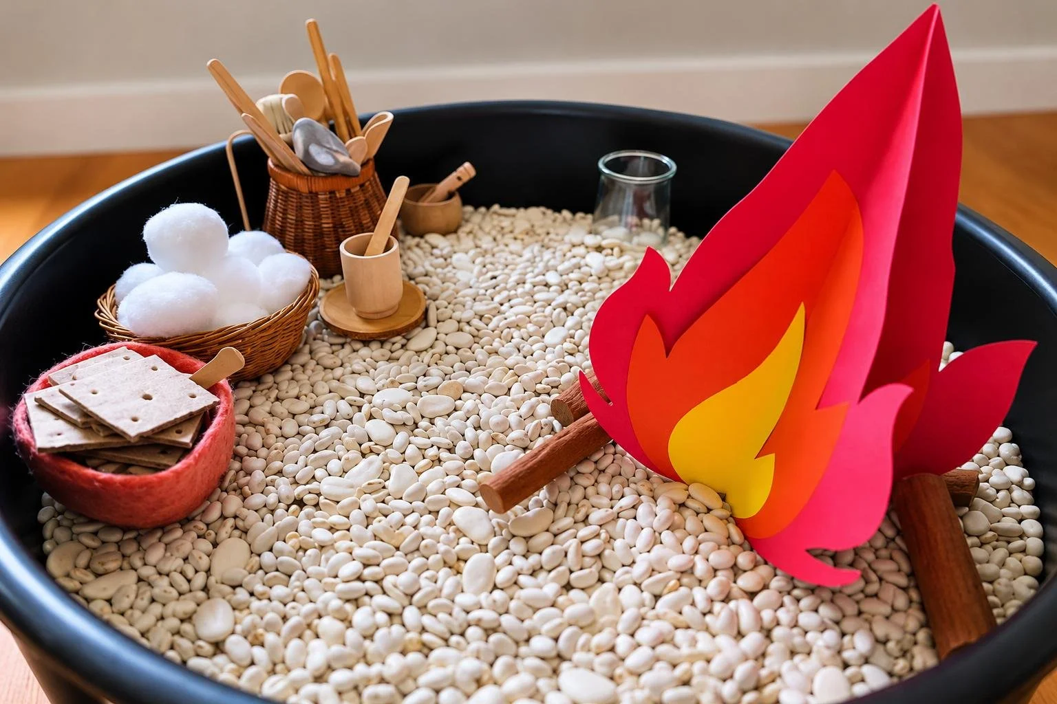 A sensory play bin filled with white beans, a paper flame, and small pretend tools including clothespins, spoons, and cups at the little learning center in Norwalk, CT.