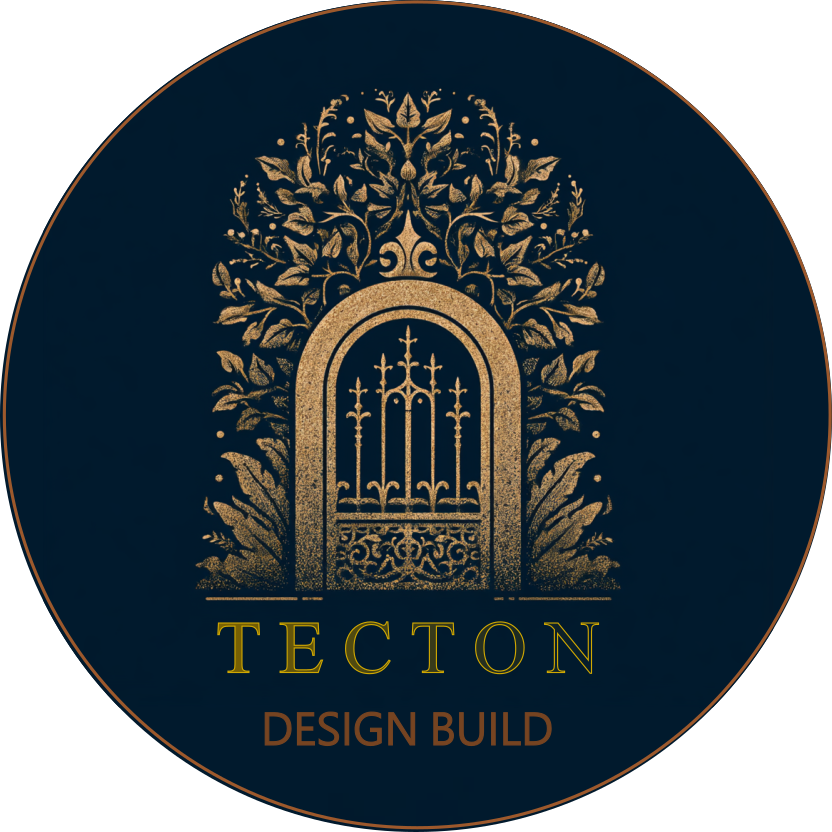 Gold decorative gate with floral and leaf design behind it, set against a dark blue background, with the text "TECTON DESIGN BUILD" beneath.