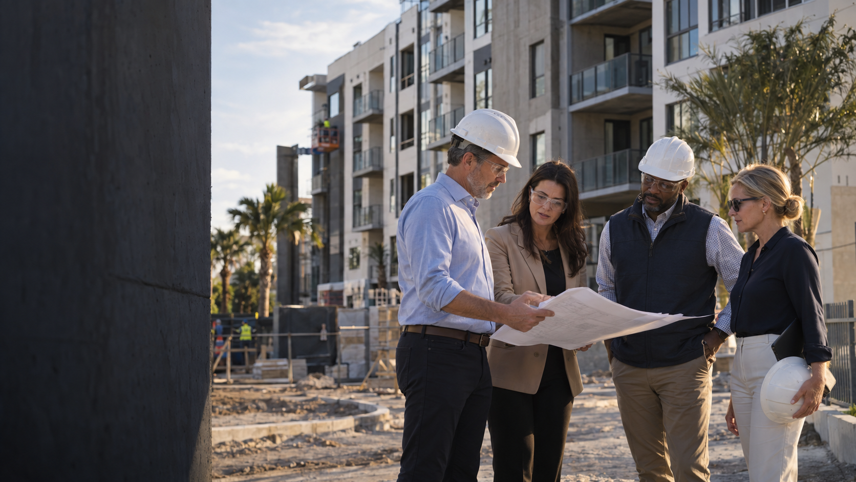 Group of four construction professionals, two men and two women, reviewing blueprints on a construction site with modern apartment buildings in the background.