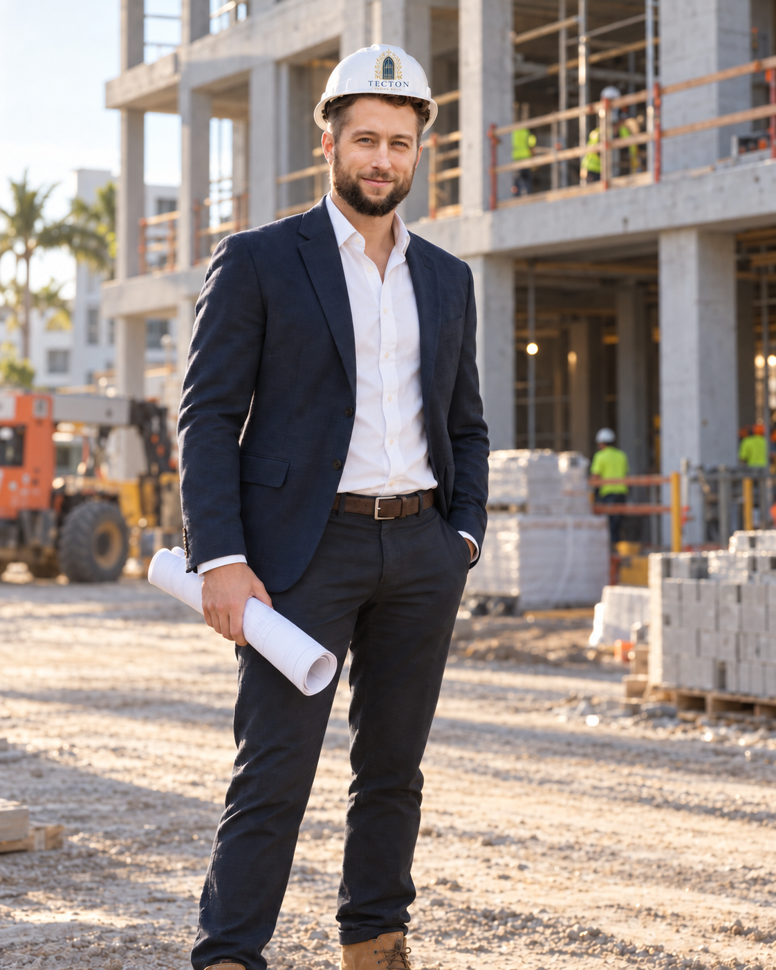 A man in a suit and hard hat holding rolled-up blueprints at a construction site.