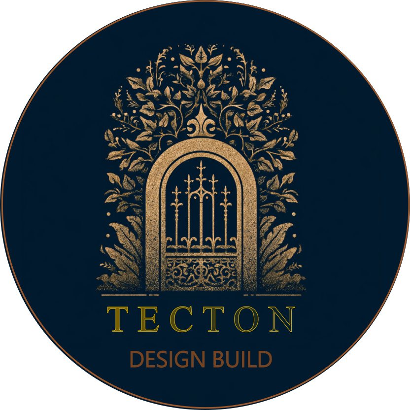 A circular logo with a gold ornate gate and floral design on a dark background. Text reads "TECTON" in yellow and "DESIGN BUILD" in brown.