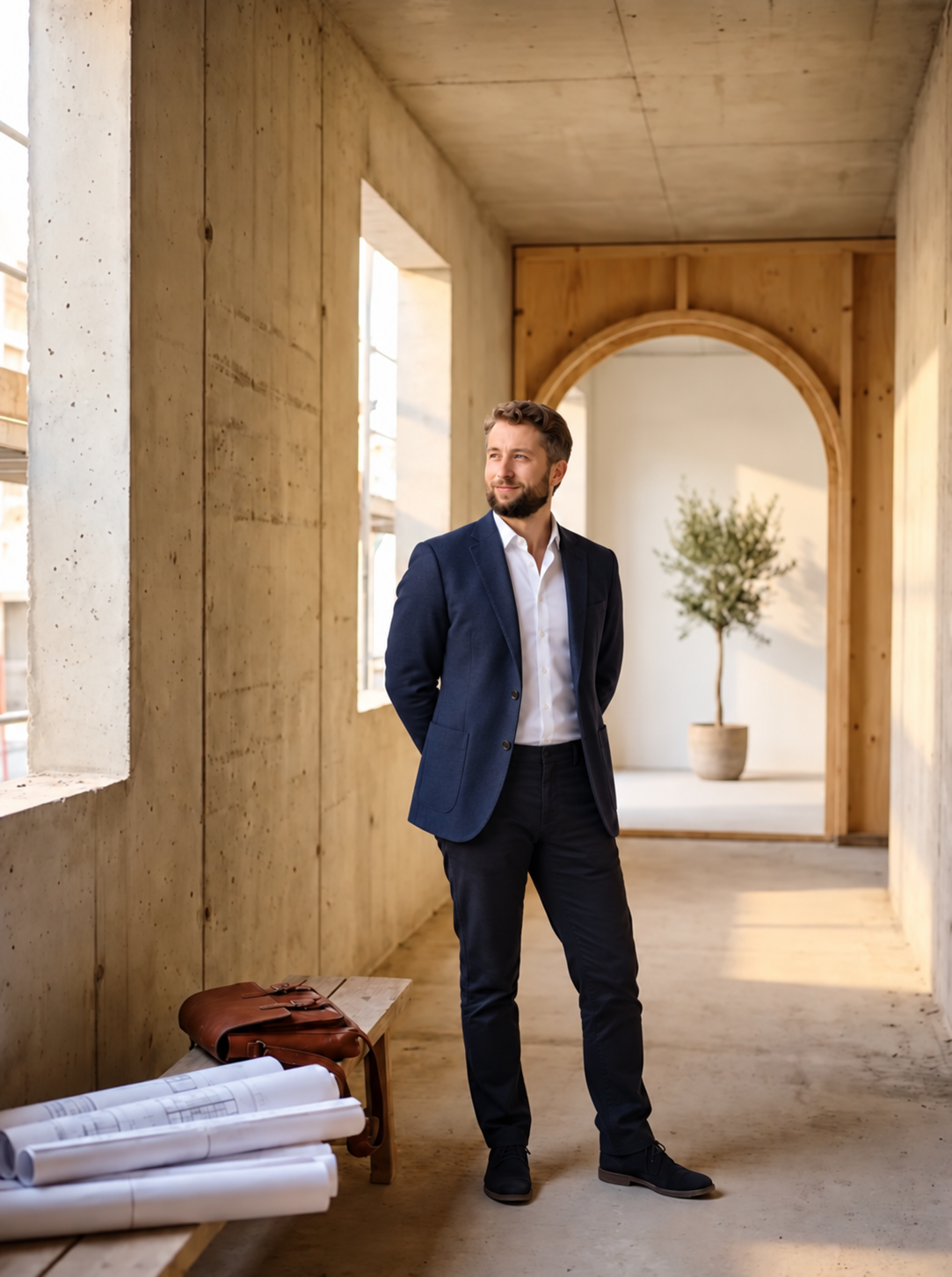 A man in a navy suit and white shirt standing in an unfinished building with concrete walls and wooden accents, next to a bench with rolled-up blueprints and a brown leather bag, looking thoughtfully to the side.