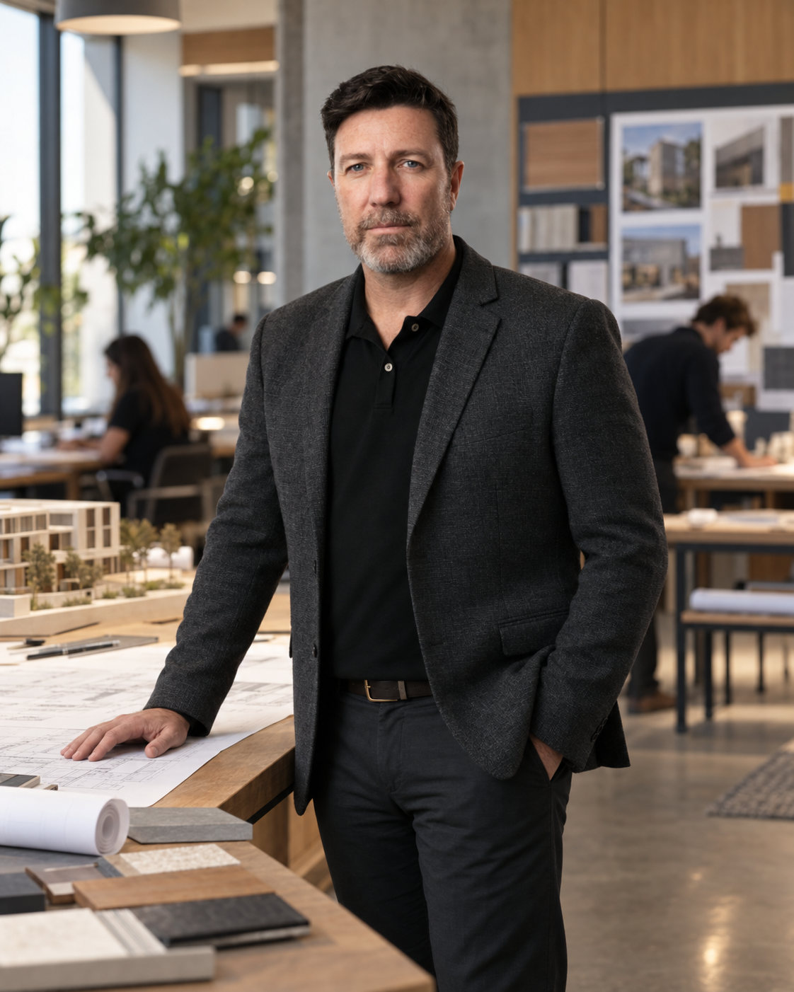 A man in a dark suit stands in an architecture or design studio with blueprints and material samples on the table, with people working in the background and architectural plans on the wall.