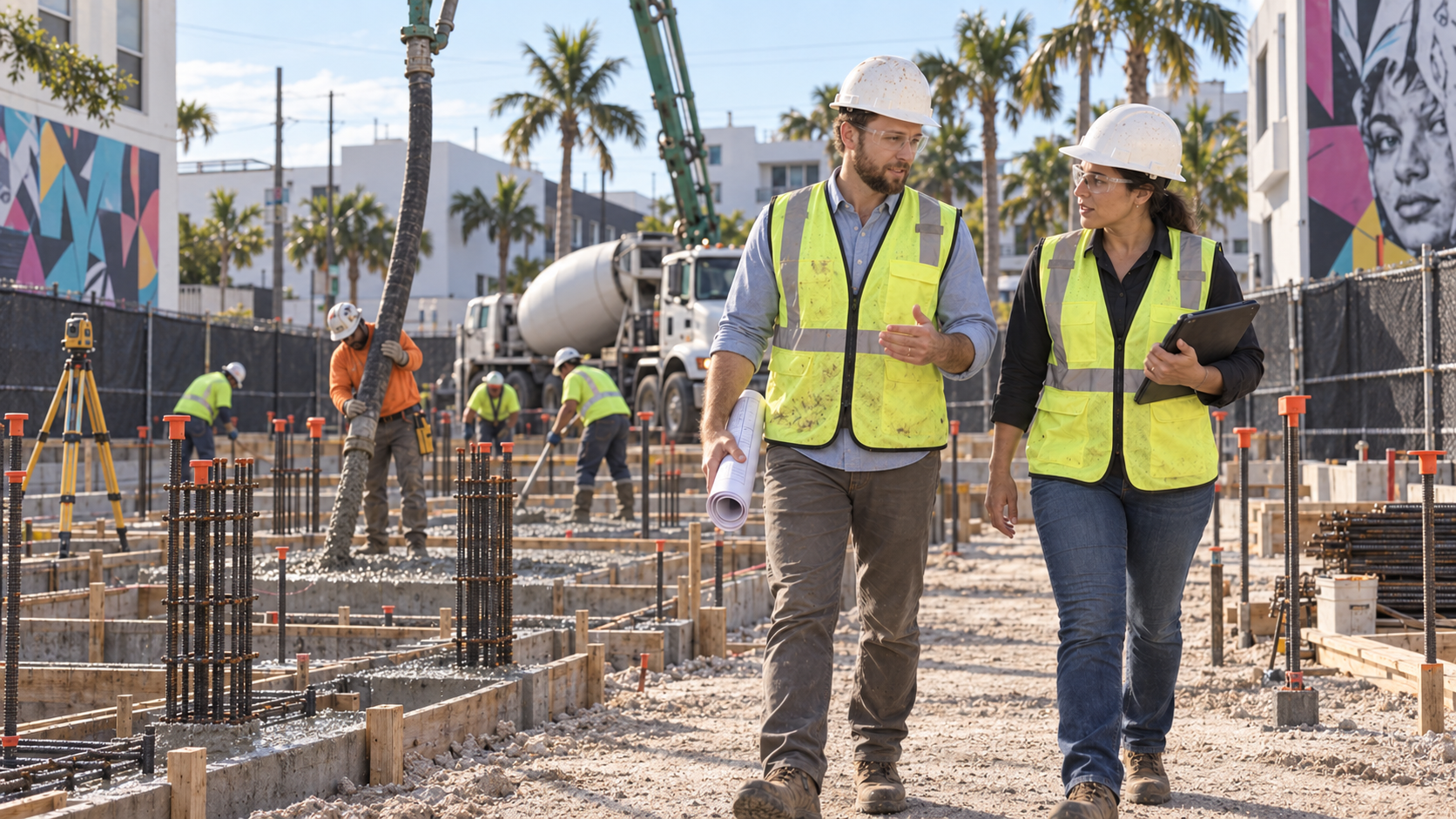 Construction site with workers wearing safety vests and helmets, two people walking in the foreground talking, palm trees and colorful murals in the background.