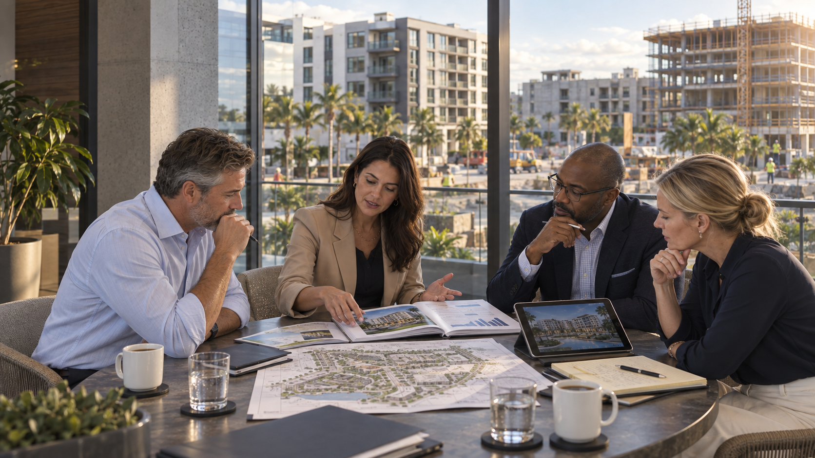 Four people sitting at a table in a meeting room with large windows, discussing architectural plans and residential development projects.