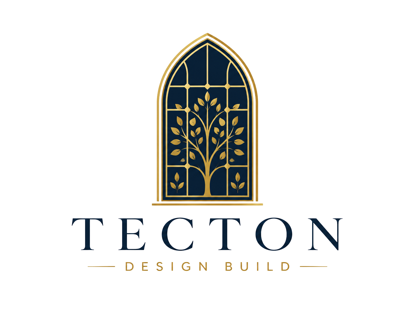 A logo with a gold and navy blue color scheme featuring a stylized tree inside a stained glass window design, with the words "The Overture in Progress" beneath.