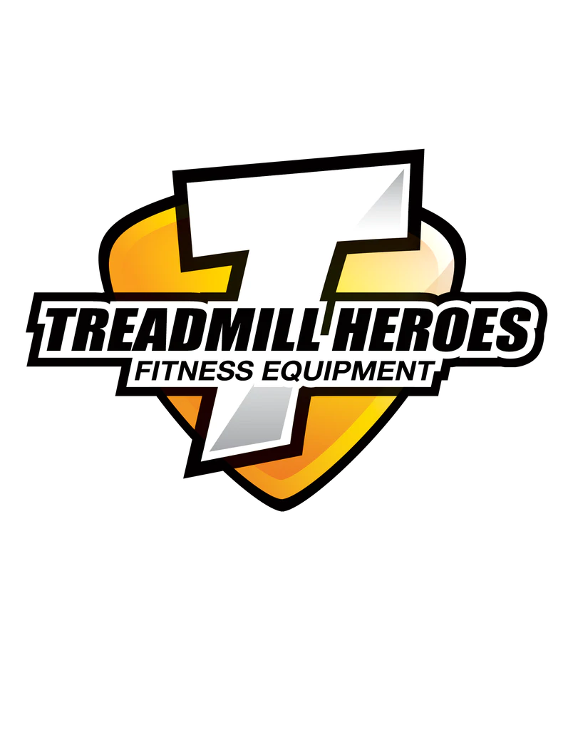 Logo for Treadmill Heroes Fitness Equipment featuring a large abstract white 'T' on a black background, with yellow and orange shield design behind.