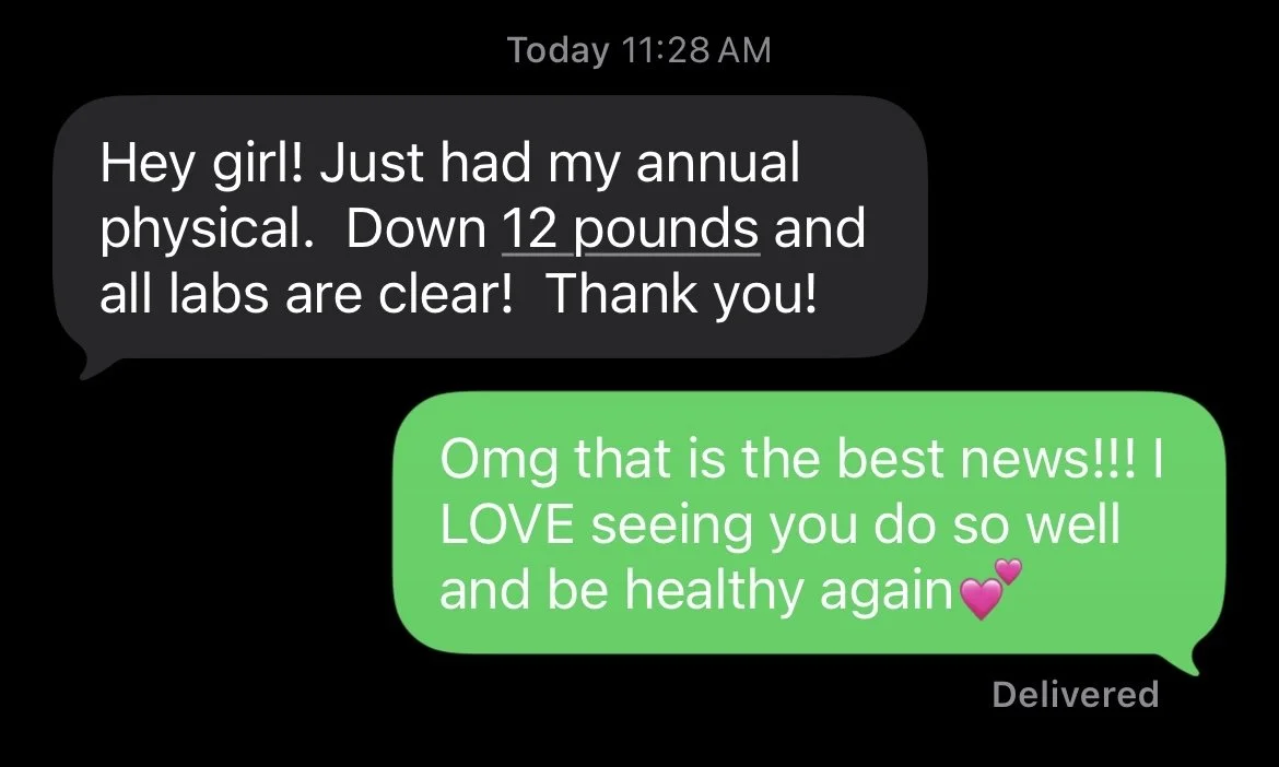 Text message conversation between two people, one sharing a health update about losing 12 pounds and clearing labs, the other responding happily about their health improvement.