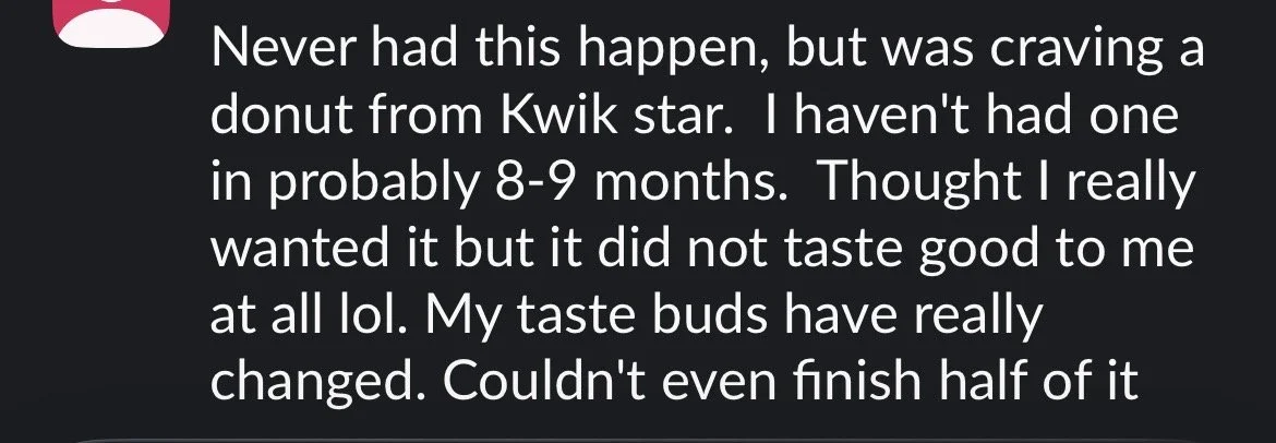 Screenshot of a text message discussing craving a donut from Kwik Star, mentioning not having had one for 8-9 months and not tasting good to them, with a note about changed taste buds and inability to finish the donut.
