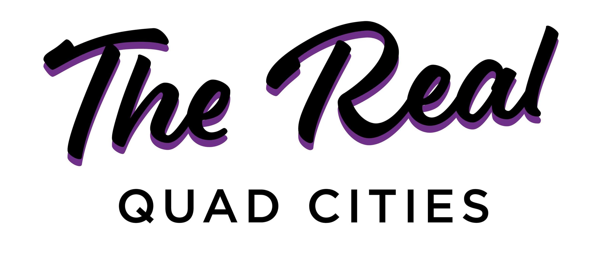 Logo for The Real Quad Cities featuring stylized black and purple cursive text