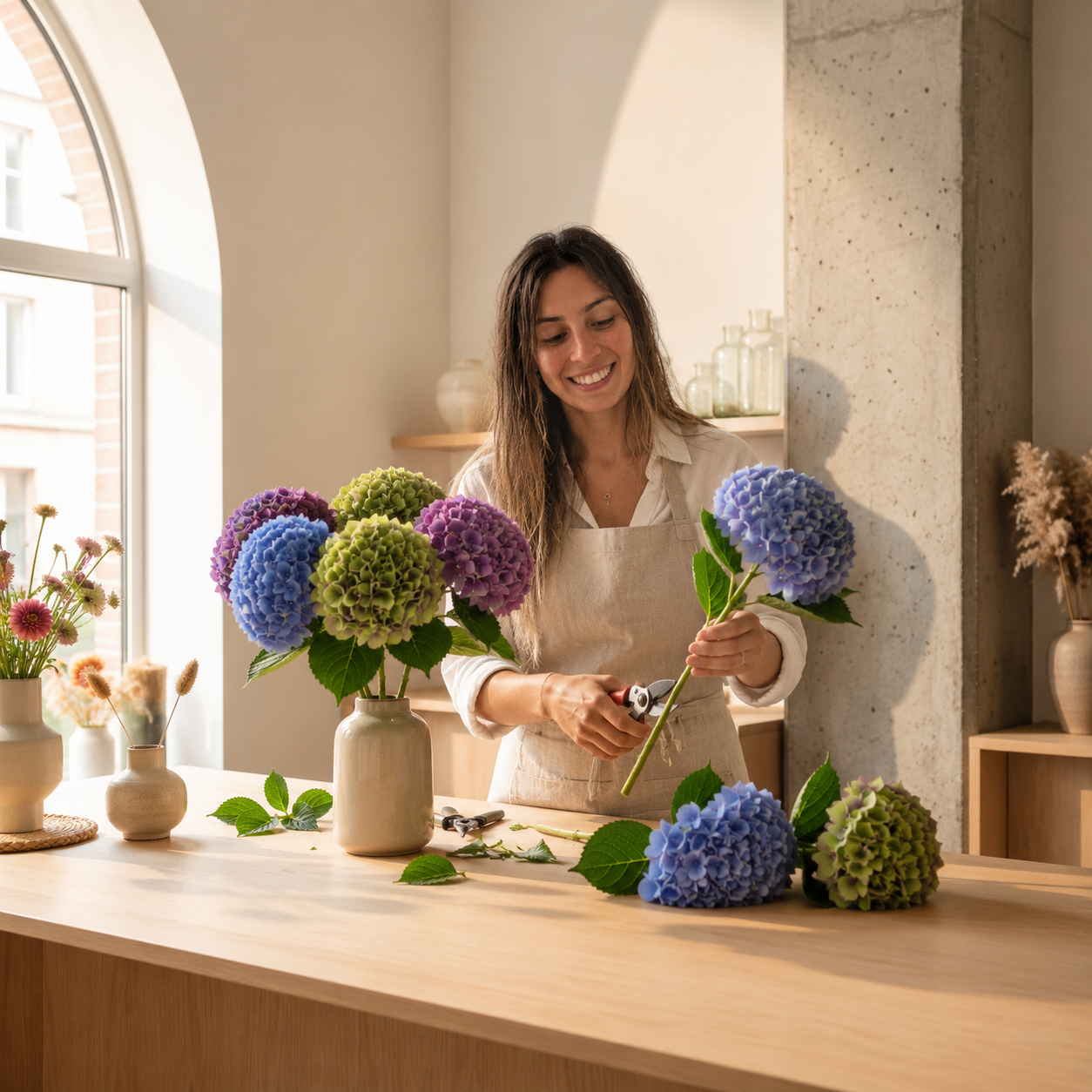 Mujer arreglando flores de hortensias en un florero en una tienda o taller, con otras flores en la mesa.