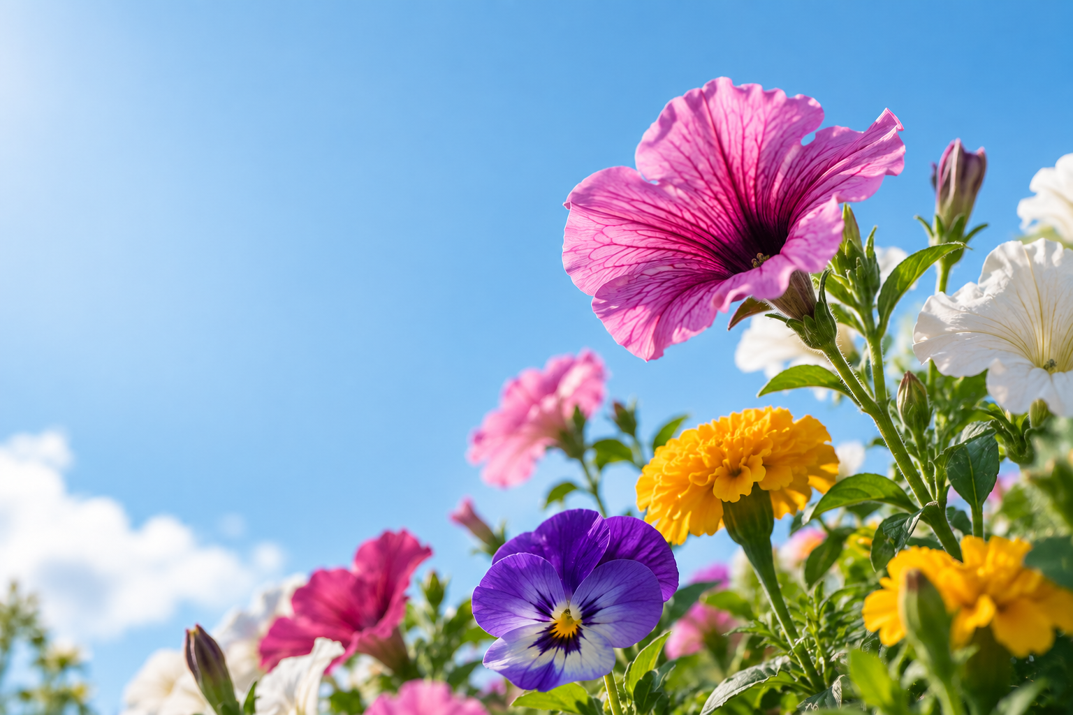 Flores de colores vibrantes en un día soleado, con un cielo azul de fondo.