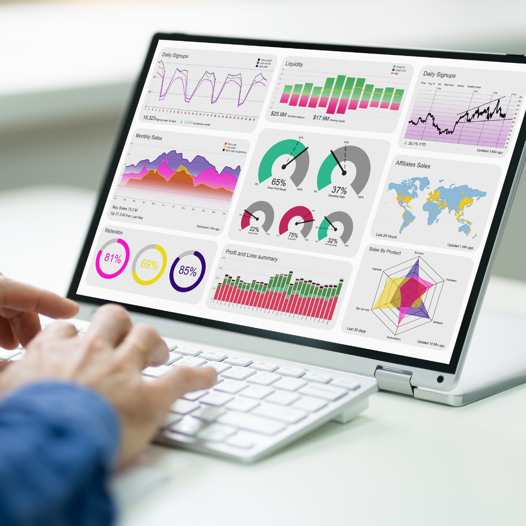 Person viewing a laptop screen displaying various business analytics charts and graphs, including sales data, profit and loss summary, and geographic sales distribution.