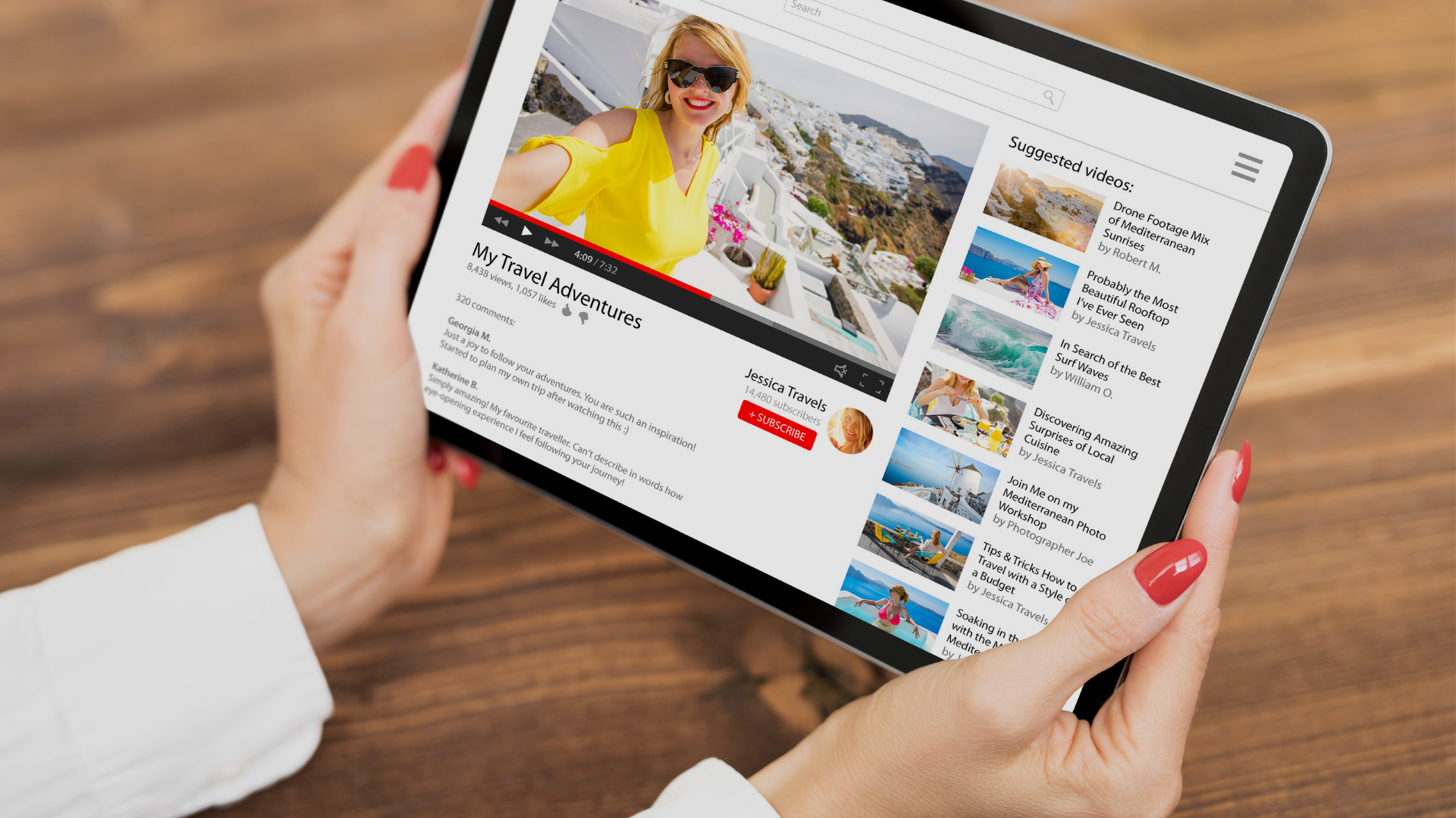 Tablet showing a streaming video page with a list of suggested videos