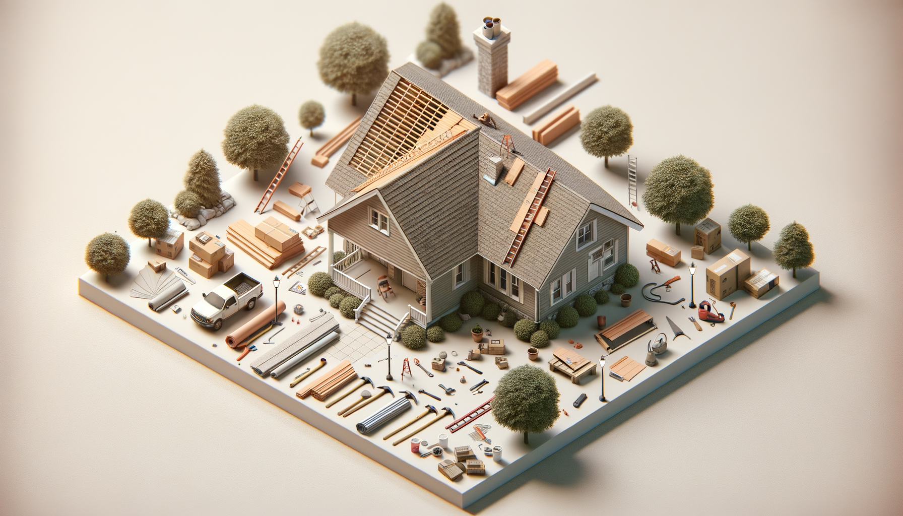 A miniature model of a house under construction with tools, building materials, and trees around it.