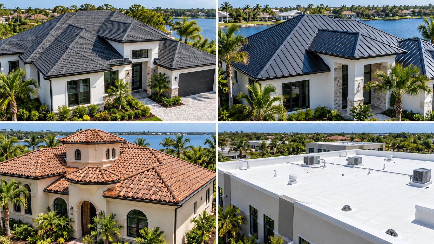 Four images of different luxury houses with pond or lake views, surrounded by palm trees. The first house has a dark gray tile roof, the second has a black metal roof, the third has a terracotta tile roof, and the fourth shows a white flat roof with HVAC units.