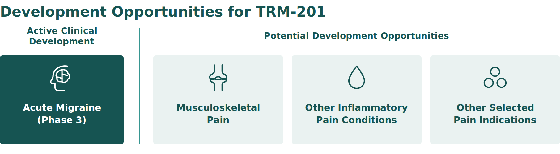 Development opportunities for TRM-201: acute migraine in active clinical development (Phase 3); potential development opportunities in musculoskeletal pain, other inflammatory pain conditions, and other selected pain indications.