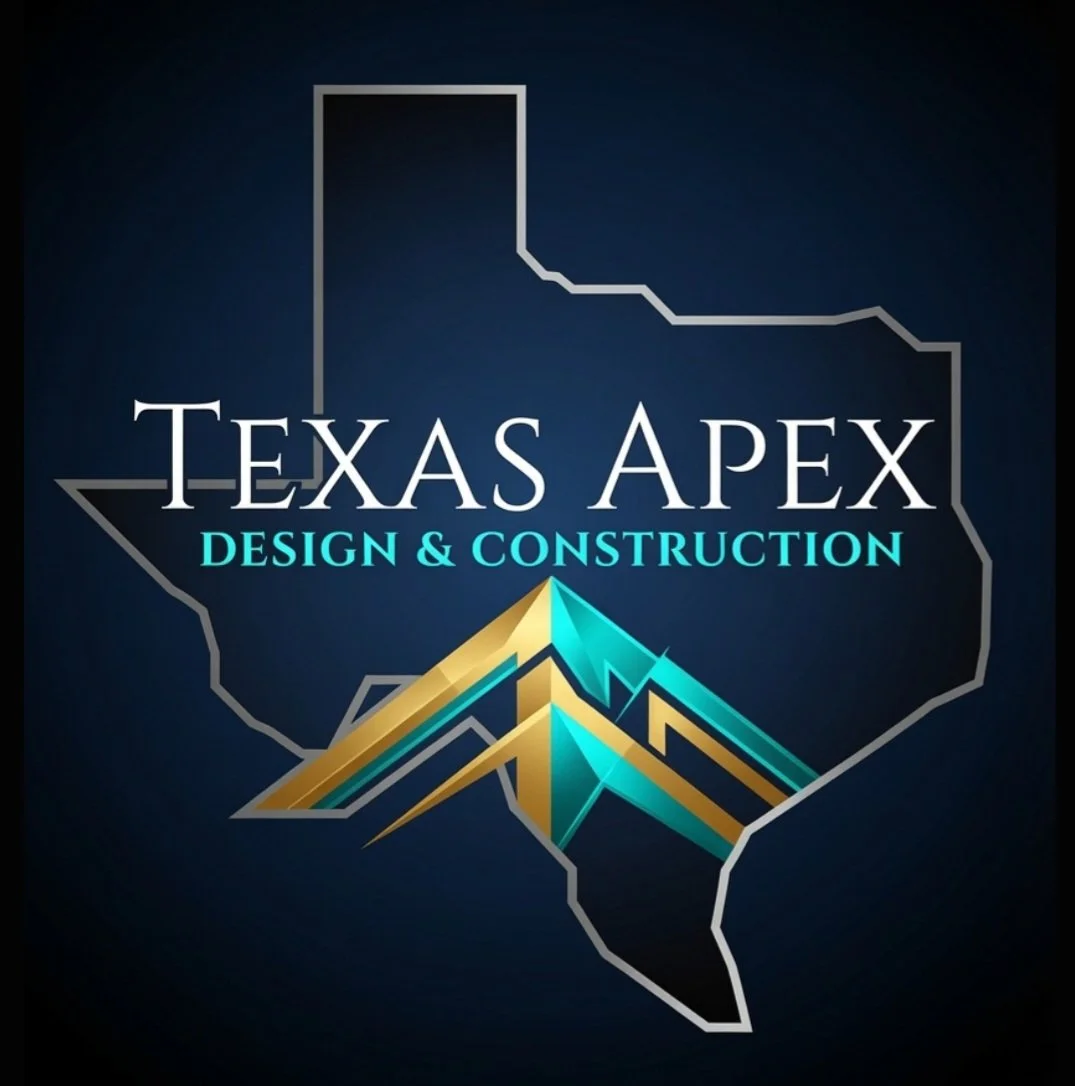 Logo for Texas Apex Design & Construction with stylized mountain and outline of the state of Texas.