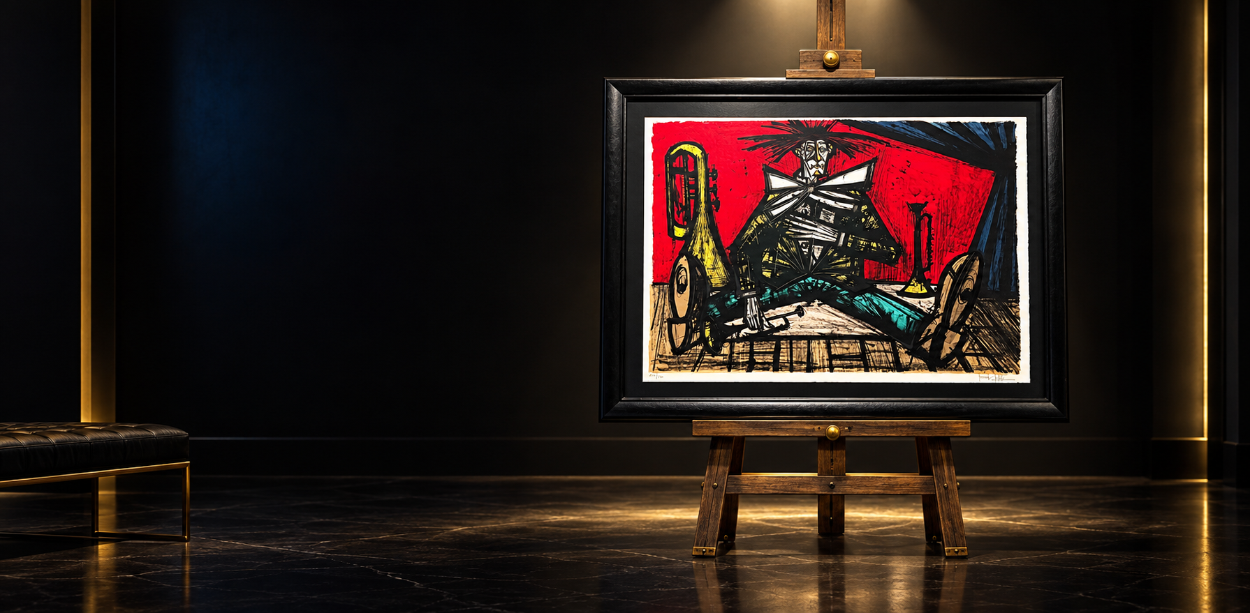Bernard Buffet Final displayed on an easel in a dramatic black and gold gallery