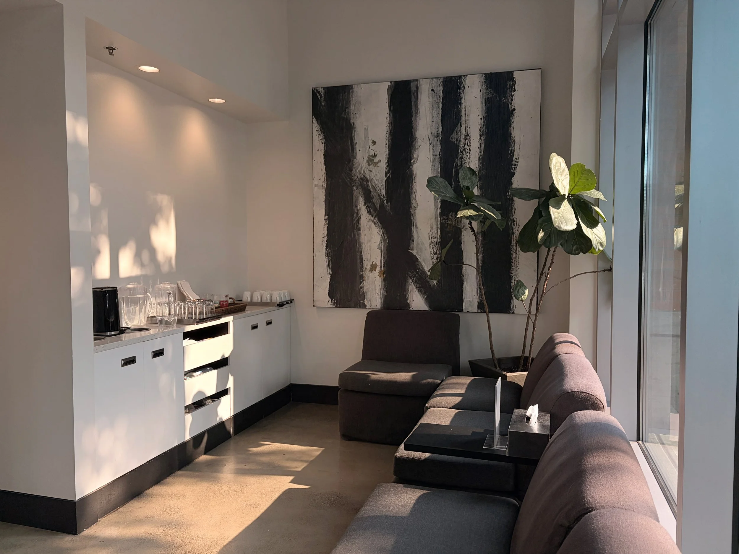A modern waiting area with dark gray armchairs, a large abstract black-and-white painting on the wall, a green potted plant near a glass window, and a white countertop with glassware and a coffee machine.