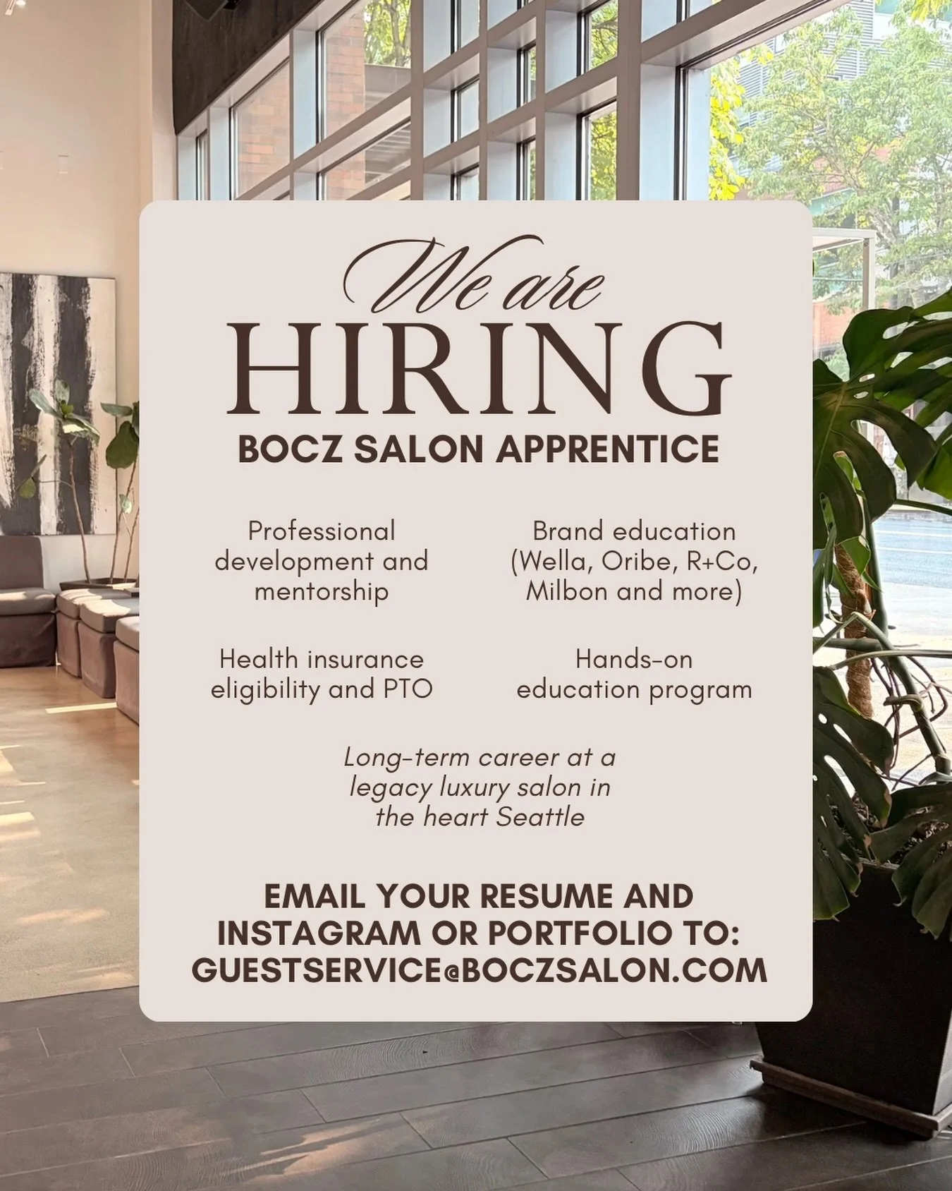 Calling all future stars: Bocz Salon is looking for you. ⭐

We are seeing someone who is:
-Passionate about hair
-Excellent with people
-Ready to take initiative in building their brand and business
-Building a unique style and image
-Is enthusiastic