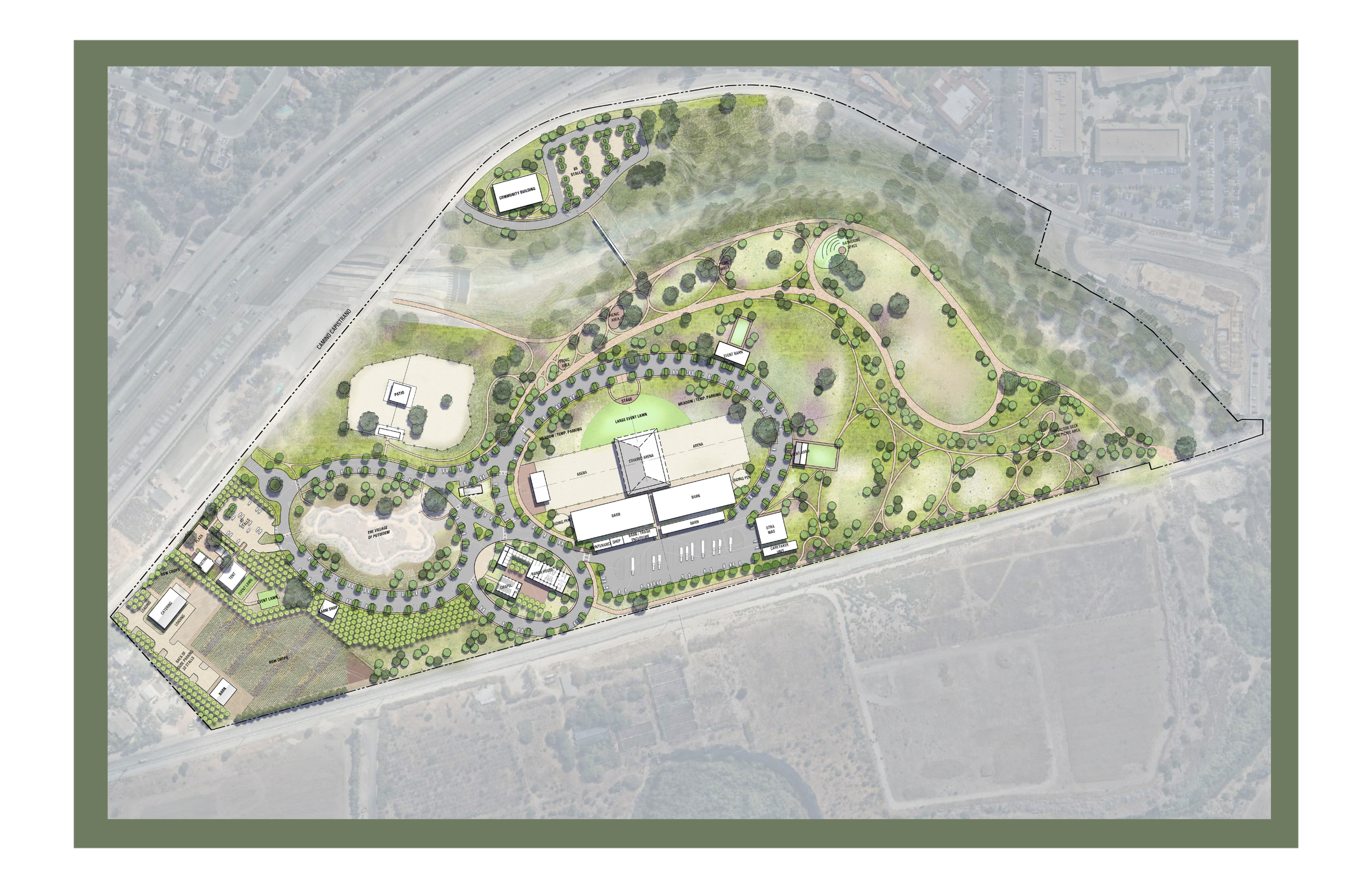 Site plan or landscape design mockup showing various pathways, green spaces, trees, and structures including a community building, parking area, stage, event barn, and multiple smaller buildings, surrounded by general greenery and open spaces.