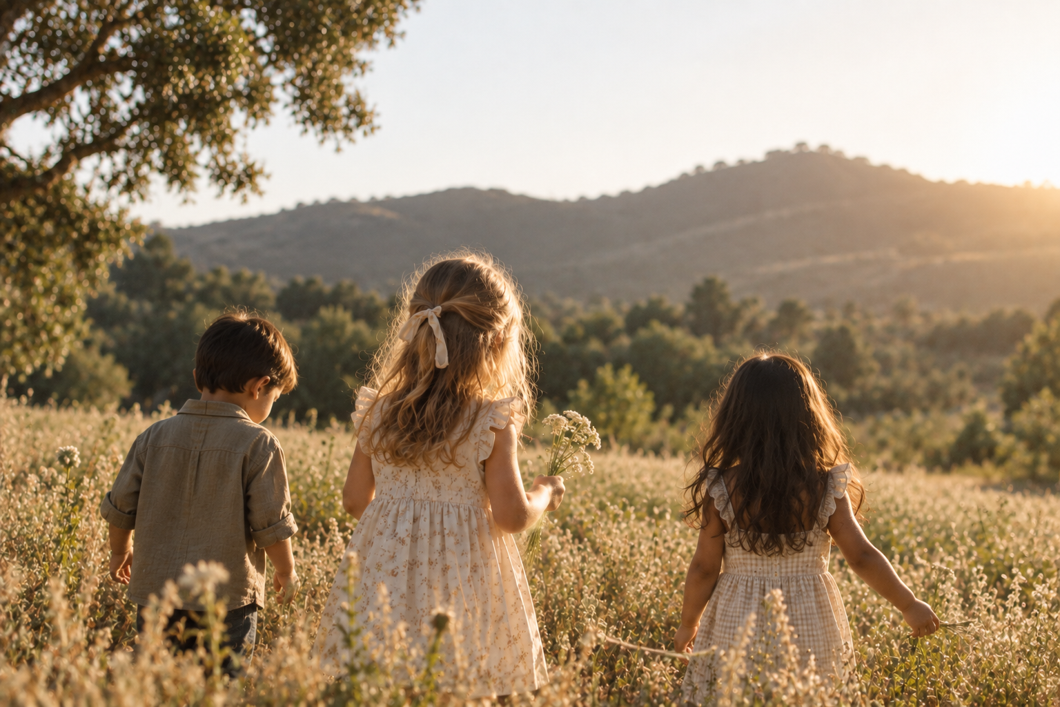 Three children walking through a field of wildflowers during sunset, with mountains in the background.