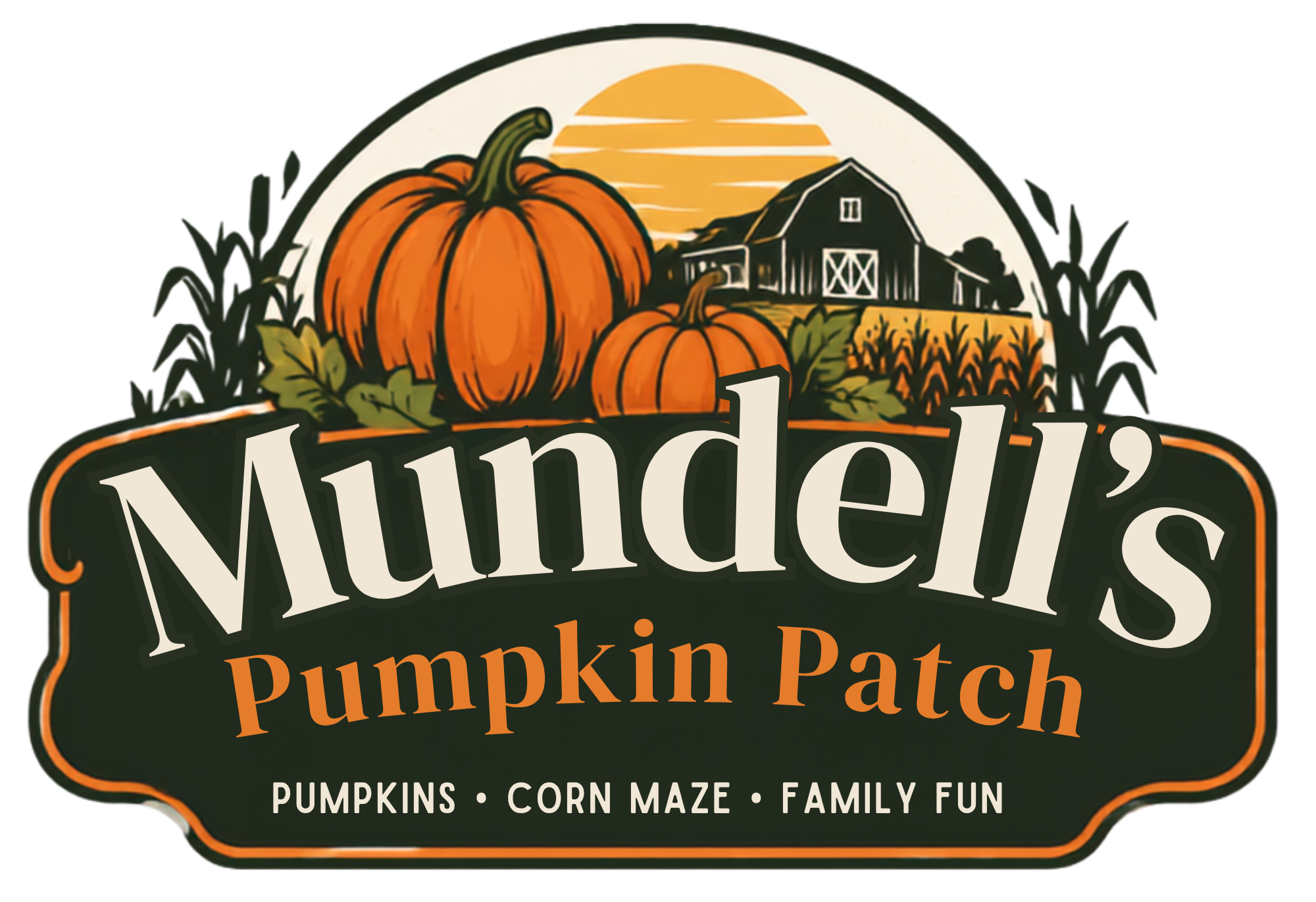 Logo for Munde's Pumpkin Patch featuring three pumpkins, a barn, a sunset, and fields of corn.