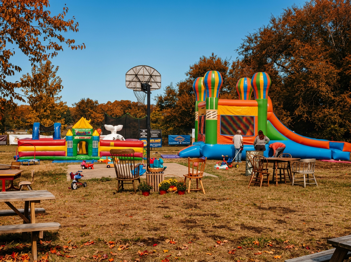 Colorful inflatable bounce houses and slides on a grassy field with chairs, tables, and children's toys. Fall trees with orange leaves in the background and a clear blue sky.
