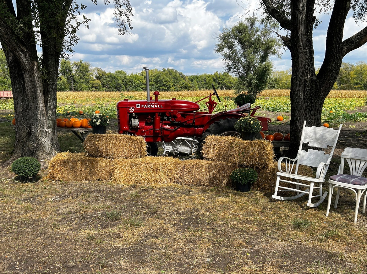 A vintage red tractor parked between two trees with a farm scene in the background. Decorated with pumpkins, hay bales, and potted plants, with white wooden chairs nearby, set outdoors on a sunny day.