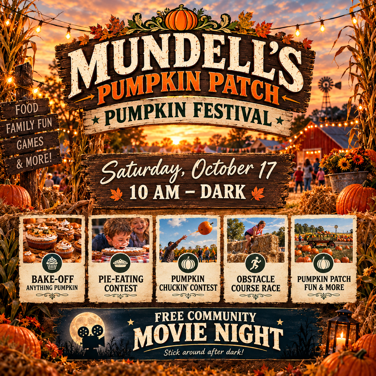 A colorful poster advertising Mundell's Pumpkin Patch Pumpkin Festival on Saturday, October 17 from 10 AM until dark. The poster features images of pumpkin-themed activities such as a bake-off, pie-eating contest, pumpkin chuckin' contest, obstacle course race, and pumpkin fun. The background shows a sunset sky at a pumpkin farm with pumpkins, hay bales, and festive decorations, including pumpkins and flowers, with string lights. The bottom of the poster advertises a free community movie night.