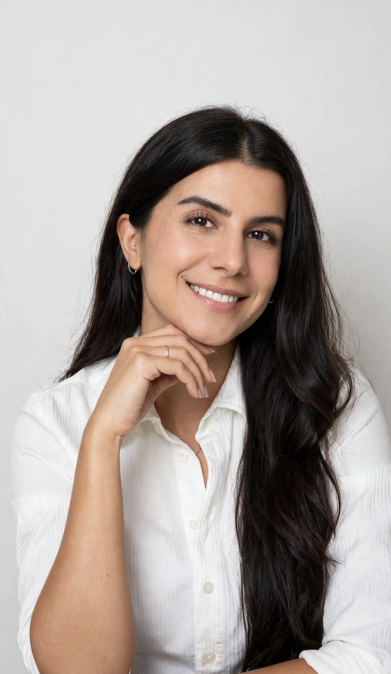 A woman with long dark hair and a white collared shirt, smiling and resting her chin on her hand against a plain background.