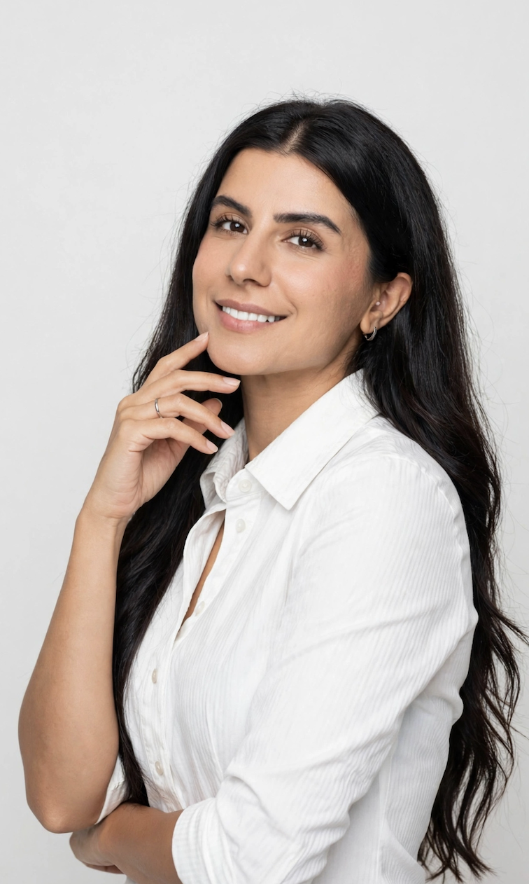 A woman with long black hair, wearing a white button-up shirt, smiling and touching her face with her right hand against a plain white background.