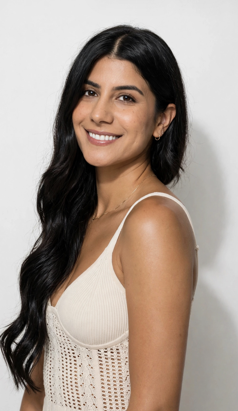 A young woman with long black hair smiling at the camera, wearing a white sleeveless knitted top and small earrings, against a plain white background.