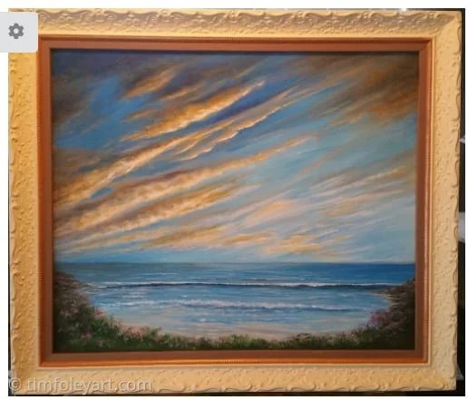 Painting of a sunset over the ocean with clouds in the sky