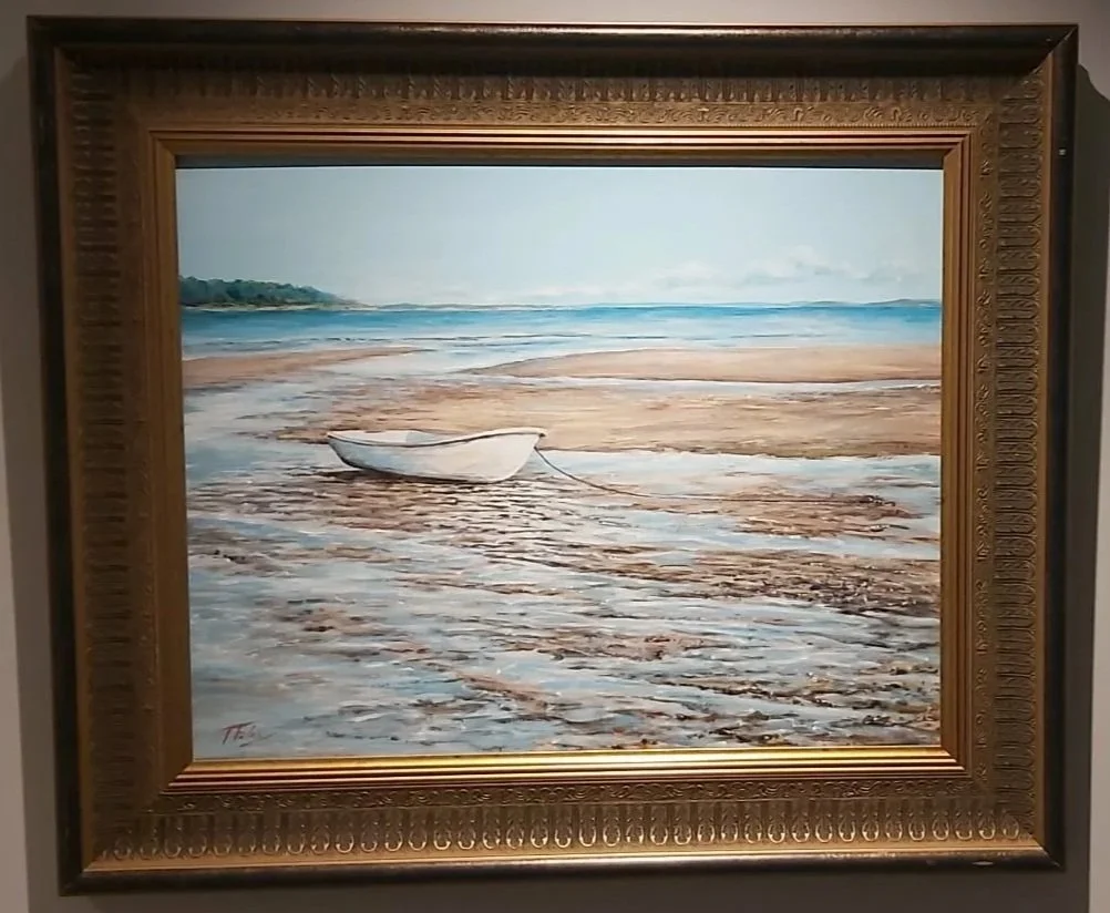 A painting of a sandy beach with a small white boat resting on the shore, ocean waves in the background, and a distant horizon under a clear sky.