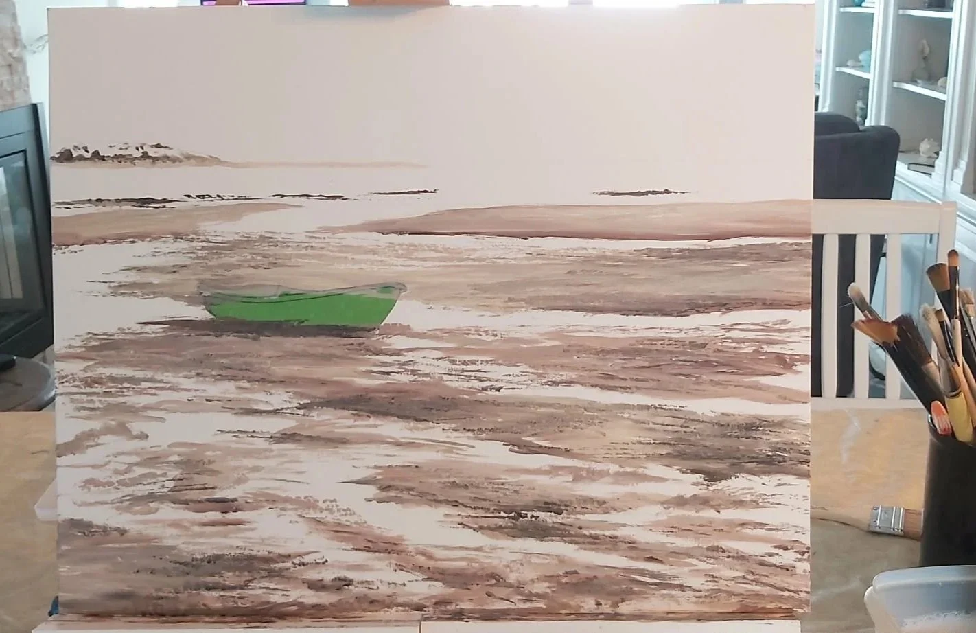 An acrylic painting of a seascape with a green boat in the water, distant landforms, and a cloudy sky.