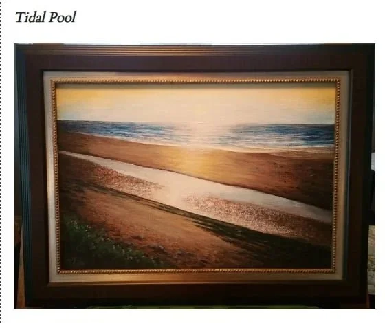 Painting of a coastal landscape with a sandy beach, grassy dunes, and ocean waves, titled 'Tidal Pool'.