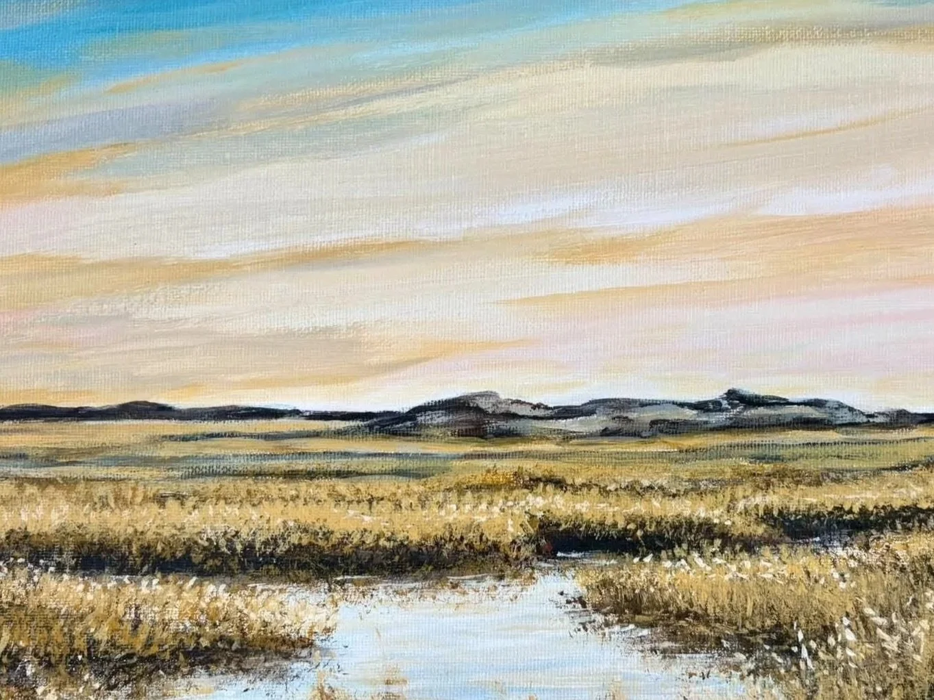 A watercolor painting of a flat landscape with grassy fields, distant hills, and a sky with soft pastel clouds.