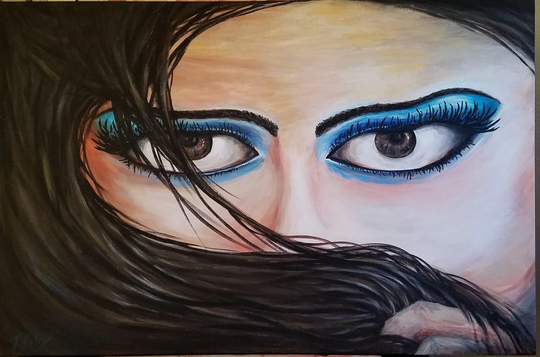 Close-up of a painting depicting a woman with dark hair and expressive eyes, applying vibrant blue eyeshadow.