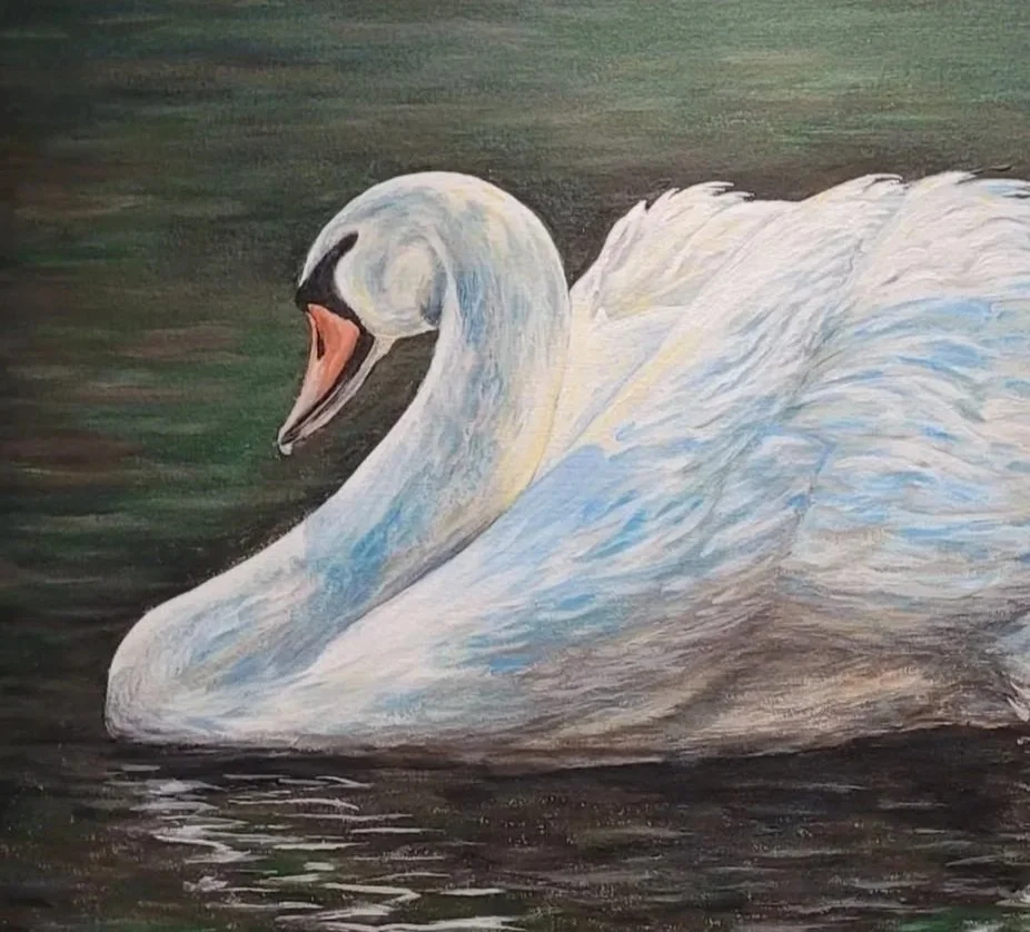Painting of a white swan gliding on water