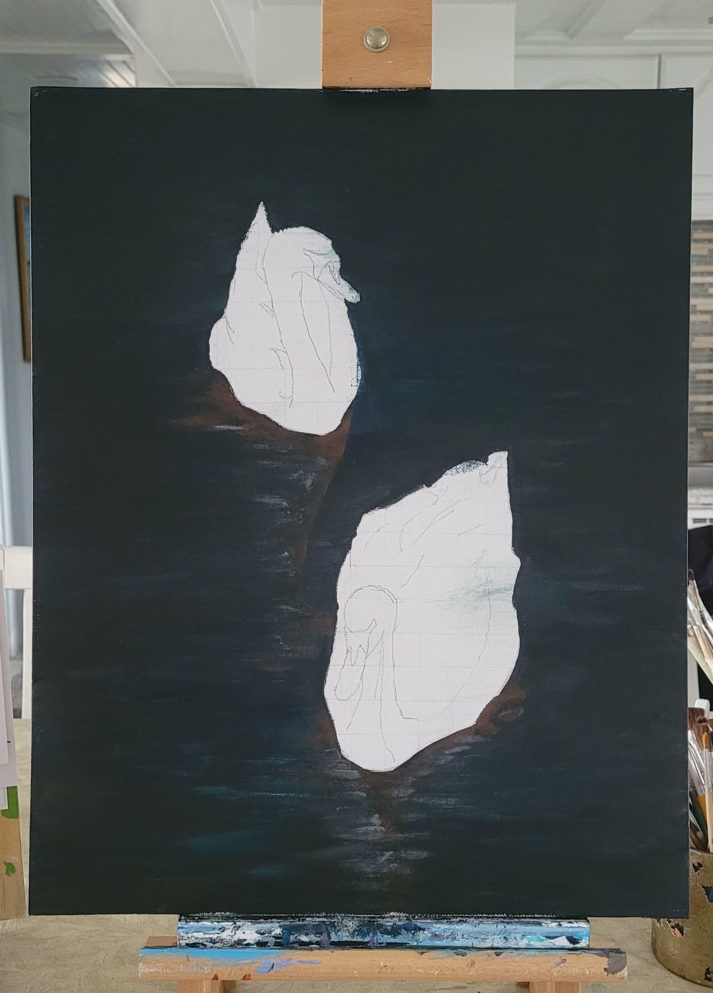 A painting of a person's silhouette with the outline of a dog in white, set against a black background.